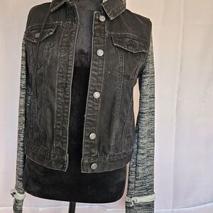 Mudd Black Denim Jacket with Gray Knit Sleeves